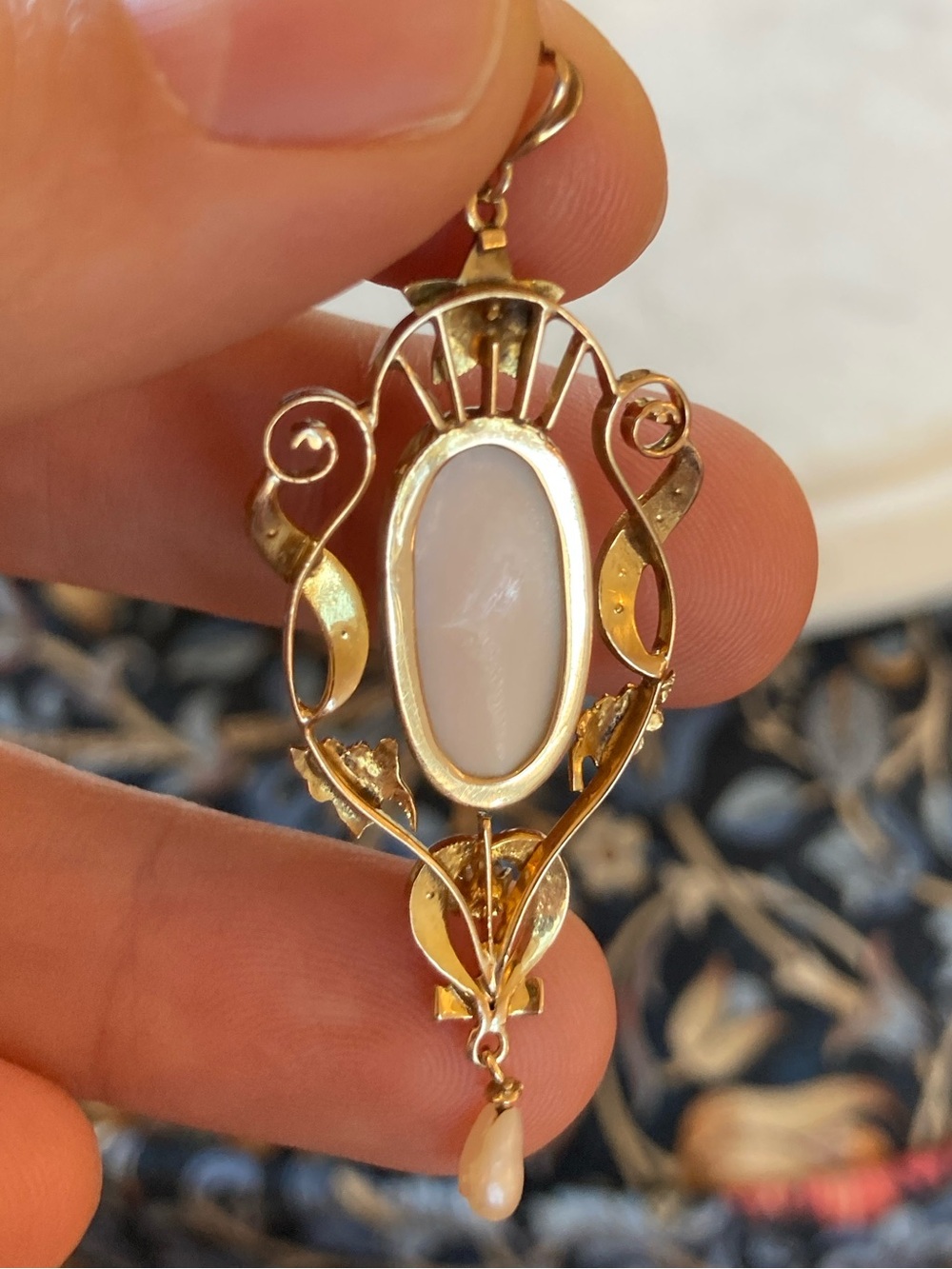 Antique Victorian 10K Diamond, Seed Pearl, Angel Skin Coral Carved Cameo Pendant - Picture 12 of 17
